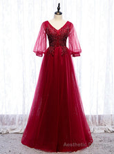 Burgundy Tulle V-neck Puff Sleeve Beading Prom Dress